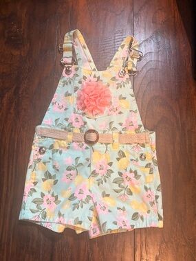 Girls Floral Lemon Print Shortalls with Pink Flower Accent